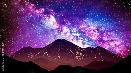 Celestial mountains: A cosmic vista with vibrant nebulae above dark peaks landscape