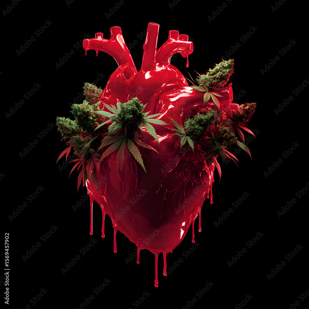 Fototapeta premium A red dripping human heart with marijuana weed buds and leaves around it, isolated on a black background
