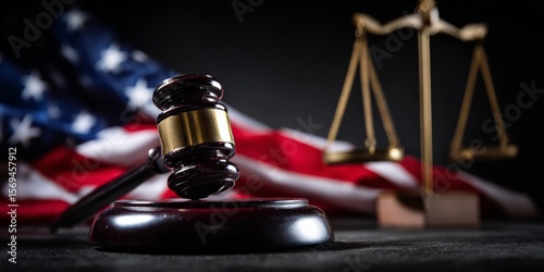 Symbolic representation of American law and justice with a judge's gavel and scales of balance against a backdrop of the national flag.