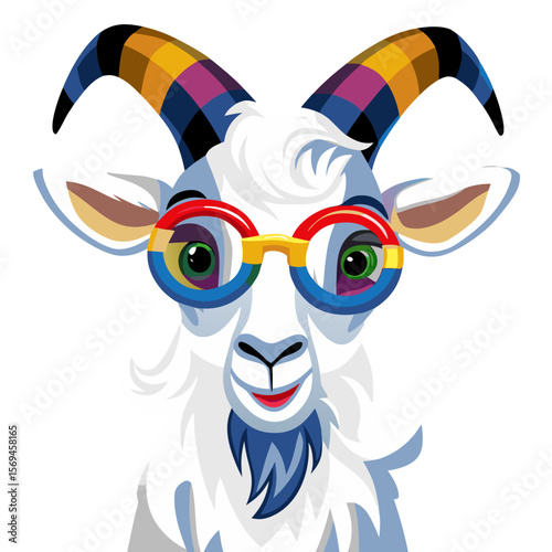 Cute goat wearing glasses in a modern colorful vector illustration style, transparent background