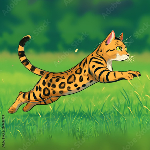 Bengal Cat Leaping Through Grass Dynamic Illustration