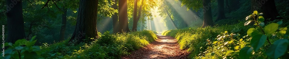 Obraz premium Sun-Dappled Path A Winding Forest Journey Towards an Unknown Destination