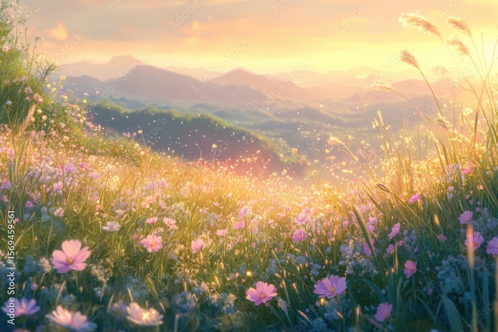 Obraz premium Majestic sunrise over blossoming meadow and mountains