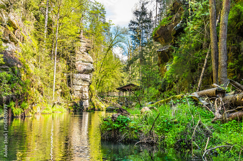 A view from a boat towards the end of the navigable section of the Kamenice river in Czech Switzerland in springtime