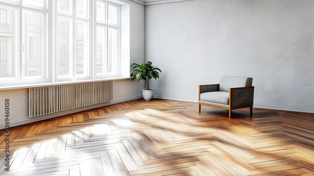 Fototapeta premium Spacious empty living room with wooden flooring, white walls, and natural light from large windows, ready for interior design or real estate showcase.