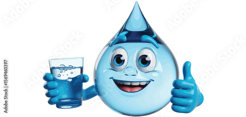 Cute Water Drop Character with Glass of Water