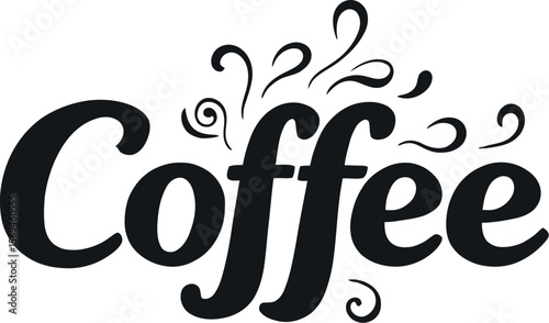 Stylized Black Typography “Coffee” with Decorative Steam Swirls and Artistic Lettering for Café or Beverage Branding