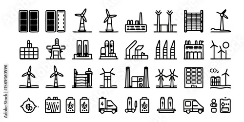 Renewable energy and low emission sustainable power system line icon set including solar, wind, hydrogen and EV charging. Clean energy generation and grid infrastructure vector illustration. 