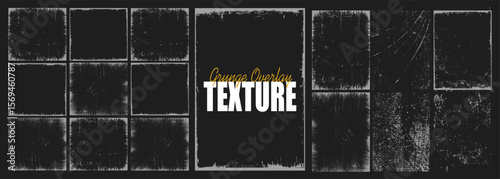 Collection of grunge overlay paper texture, damaged photo cover, retro torn or rip background, distressed ink paint brush stroke frame and dirty banner filter with uneven edge, splash and dust grain.