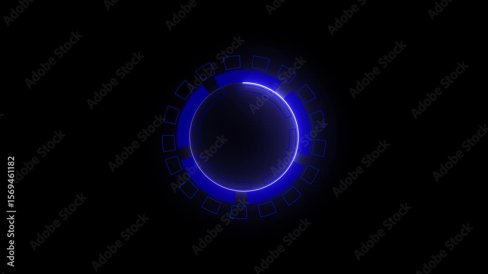 Futuristic spinning circle hood holographic with fade in and fade out animation. Glowing neon animation of hud elemets interface icon a futuristic, circular interface design with a dark background
