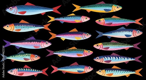 Sardine Pattern - Colorful Fish Illustration, Seafood Background, Modern Graphic Design