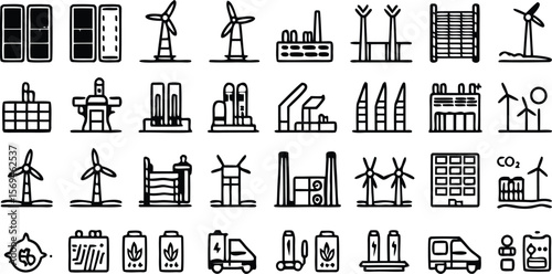 Renewable energy and low emission sustainable power system line icon set including solar, wind, hydrogen and EV charging. Clean energy generation and grid infrastructure vector illustration. 