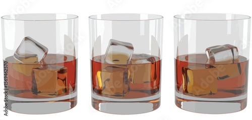 Three Tumblers of Whiskey with Ice Cubes