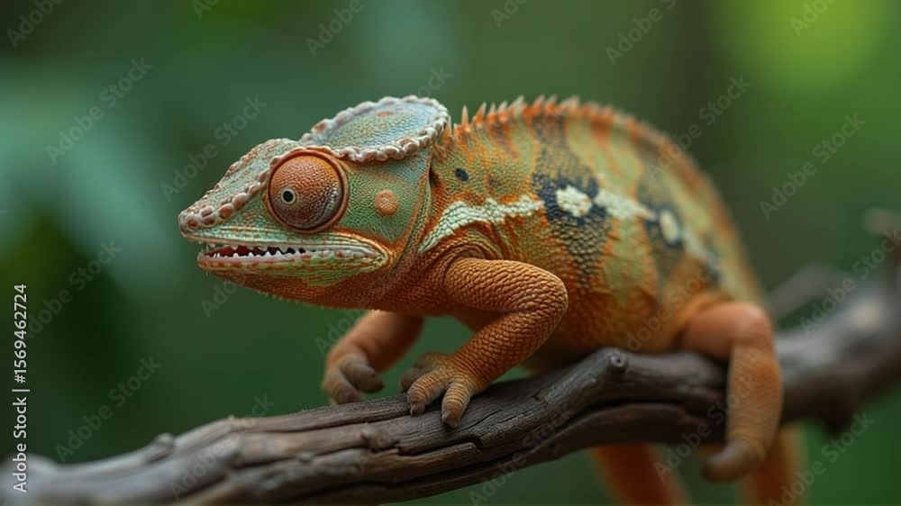 Close up view of a chameleon, Panther Chamaeleo, Madagascar endemic reptile species in nature