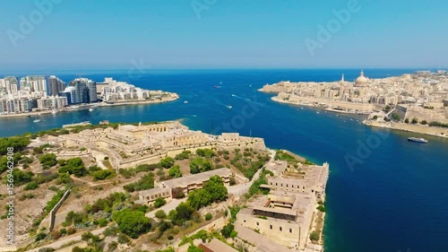 Drone view of Valletta, Manoel fort, Sliema. Mediterranean sea, Malta island
