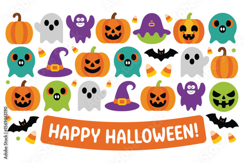 Cute Halloween Ghost, Pumpkin, and Bat Illustrations Spooky Season Fun