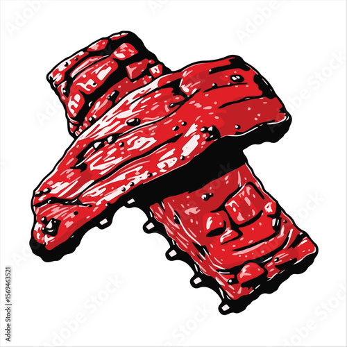 High-resolution stock photo  a commercially viable, professional image of BBQ ribs depicted as a classic, elegant black and white vector silhouette against a clean white background.