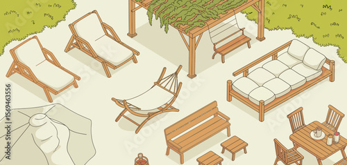 Isometric Illustration of Outdoor Wooden Furniture Set