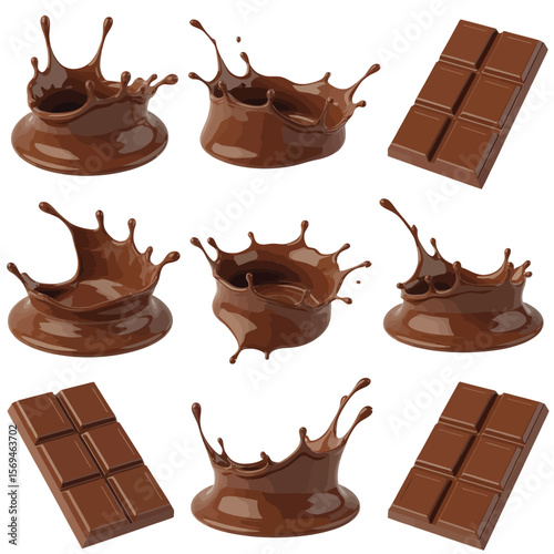 Chocolate Splashes and Bar Collection on White Background