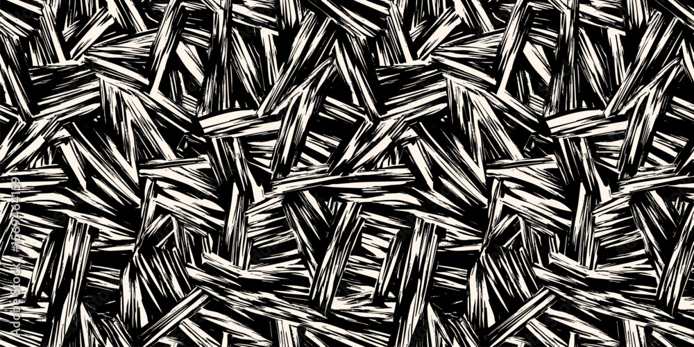 Abstract grunge seamless pattern. Urban art texture with paint strokes, splashes, chaotic ink lines, patches. Graffiti sport style vector background. Black and white camouflage pattern. Repeat design