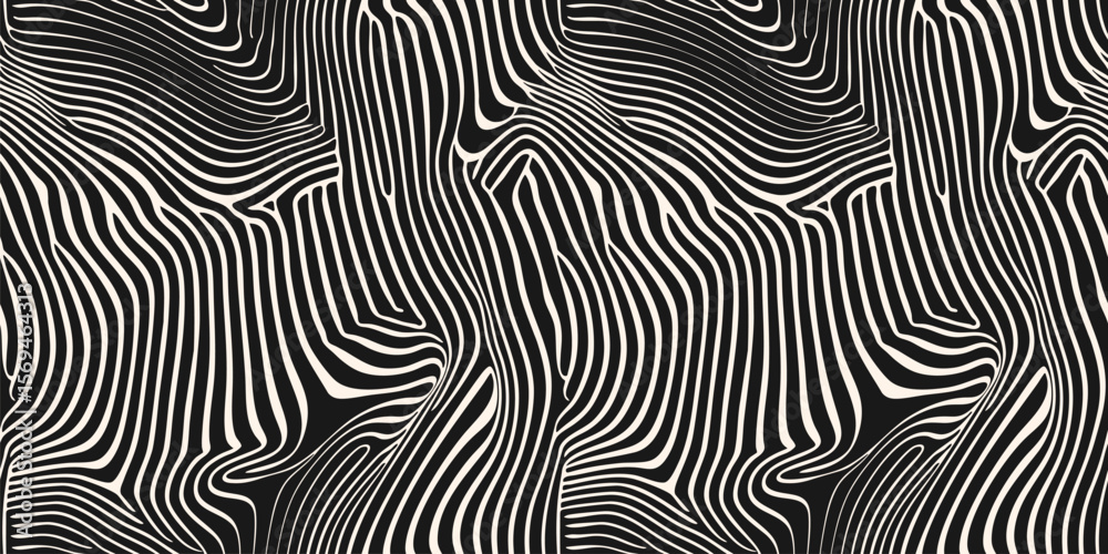 Vector seamless pattern with organic shapes, liquid lines. Abstract black and white texture with fingerprint line, rippled distorted surface, illusion of movement. Monochrome background. Repeat design