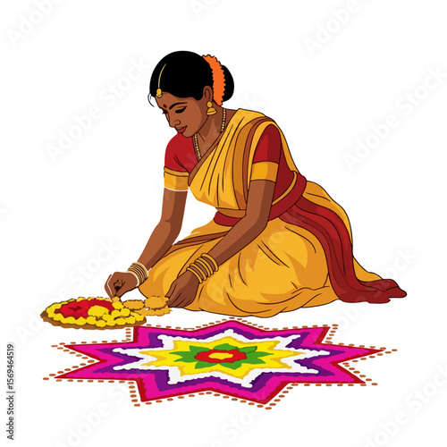 Woman in traditional attire creating a colorful rangoli design on the floor with flowers and petals