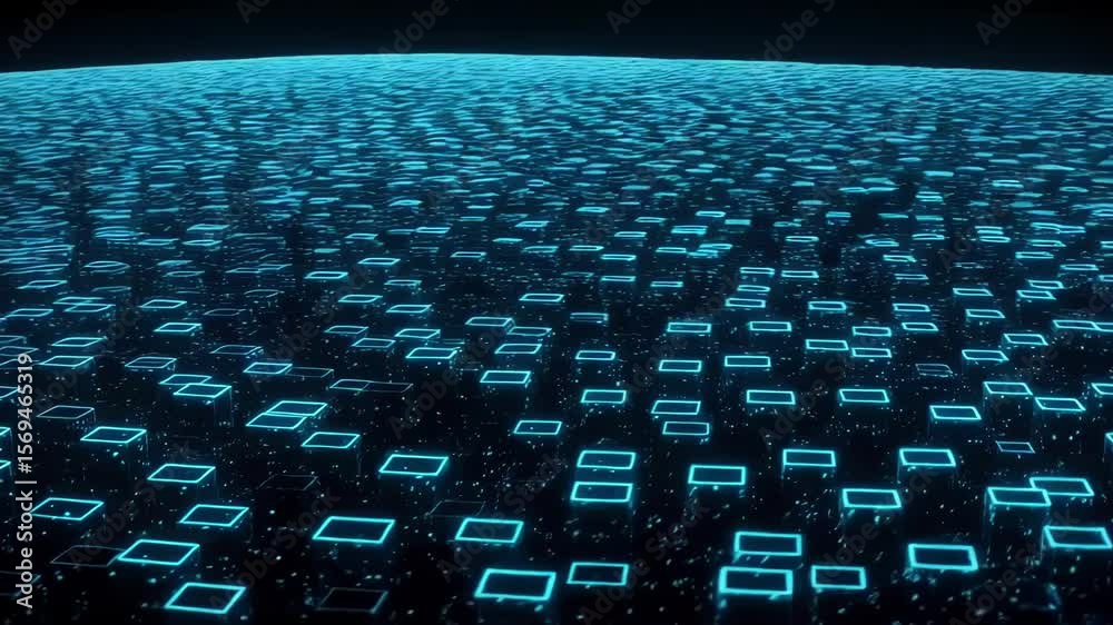 A futuristic abstract background with a grid of glowing blue squares and cubes on a dark surface