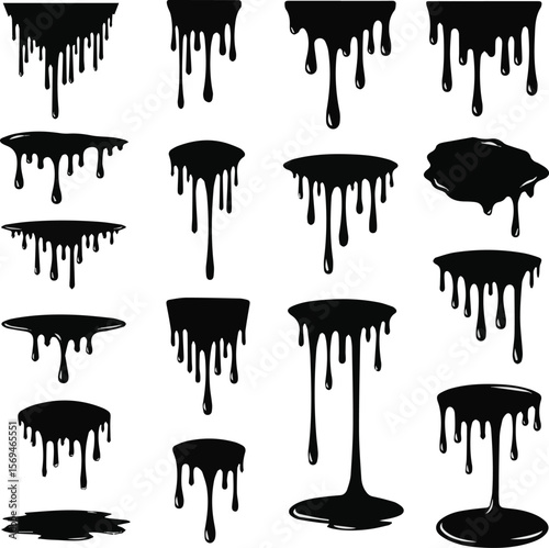 Create a kinds of deferent Black dripping oil stain, melt drips , liquid, ink silhouettes vector art with white background.