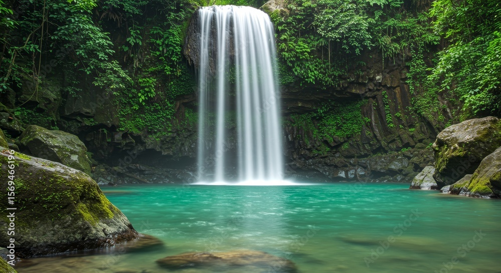 Fototapeta premium Serene Waterfall in Lush Tropical Paradise