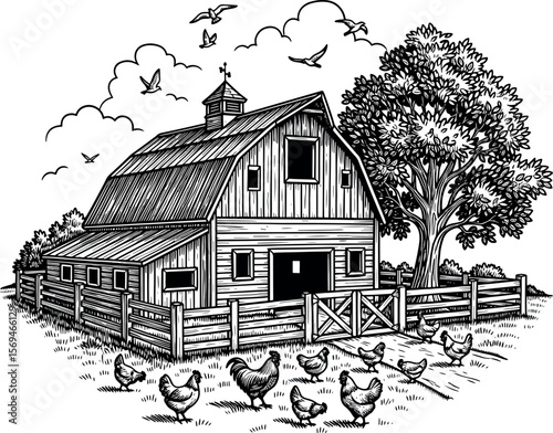 Classic Farm Scene with Barn and Chickens, Vintage Black and White Illustration.