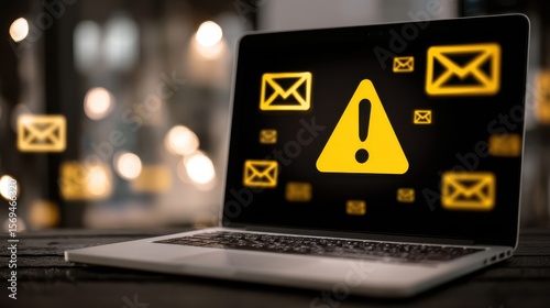 Warning sign displayed on a laptop screen with glowing yellow exclamation mark surrounded by floating email icons in a blurred background
