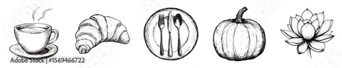 Set of sketch-style food and nature icons in black and white