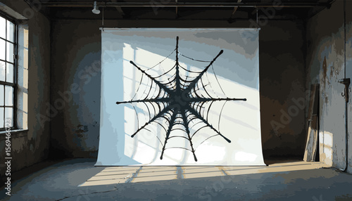 Spray paint cobweb element vector art, projected onto a white sheet in an abandoned warehouse, gritty and urban, vector design.