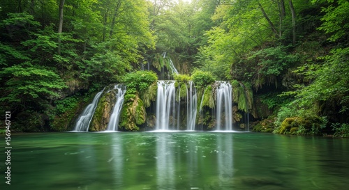 Serene Waterfall in Lush Green Forest