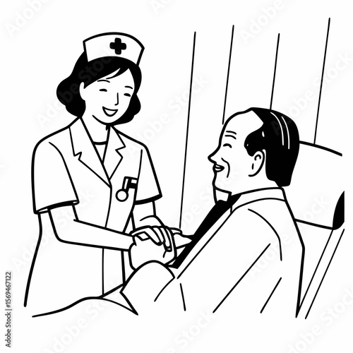 Close up caring nurse holding smiling mature patient hand at meeting in hospital, doctor caregiver wearing uniform comforting and supporting senior man, good news about treatment, empathy and care