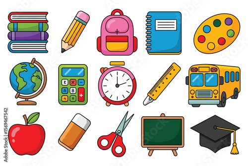 Back to School Colorful Icons of Education Supplies and Learning Essentials