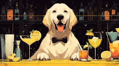 A golden retriever wearing a bow tie behind a bar with cocktails and liquor bottles