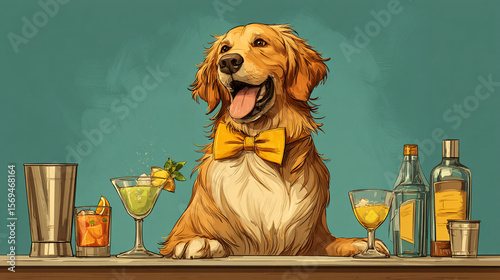 A golden retriever wearing a bow tie behind a bar with cocktails and liquor bottles