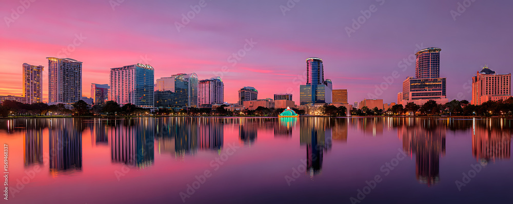 Obraz premium Vibrant Cityscape at Dusk with Colorful Sky and Reflective Water