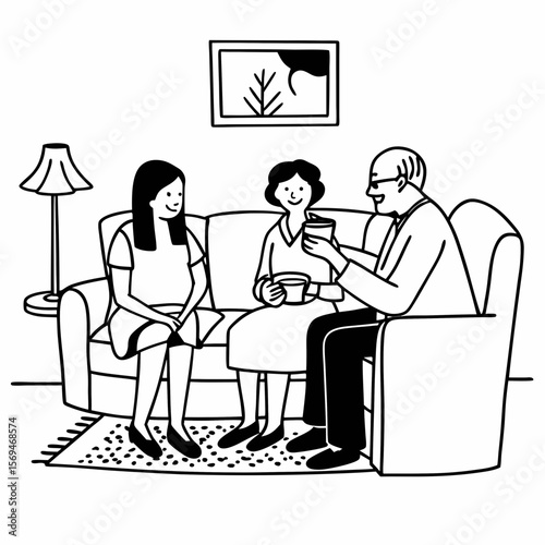 Family members of two generations grown daughter and mature father having fun enjoy tea talk on cozy couch. Attentive young lady caregiver social worker visit support care for glad elderly man patient