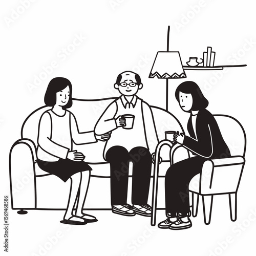 Family members of two generations grown daughter and mature father having fun enjoy tea talk on cozy couch. Attentive young lady caregiver social worker visit support care for glad elderly man patient