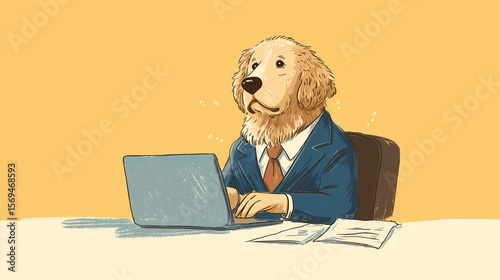 Illustration of a golden retriever wearing a suit and tie working on a laptop