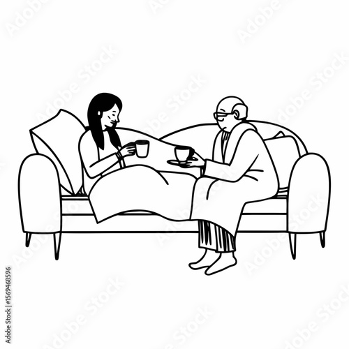 Family members of two generations grown daughter and mature father having fun enjoy tea talk on cozy couch. Attentive young lady caregiver social worker visit support care for glad elderly man patient