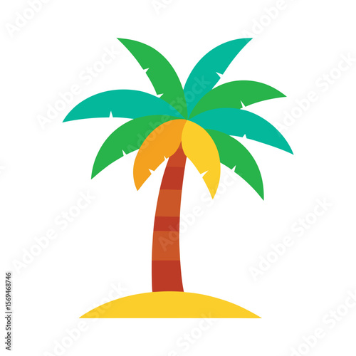 Stylized flat design palm tree with green and teal fronds on a sandy mound