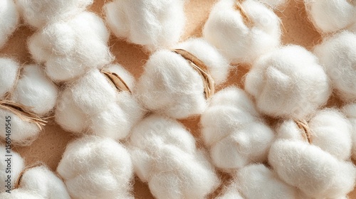Raw cotton texture featuring natural cotton bolls with fluffy white fibers scattered on kraft paper background in overhead view