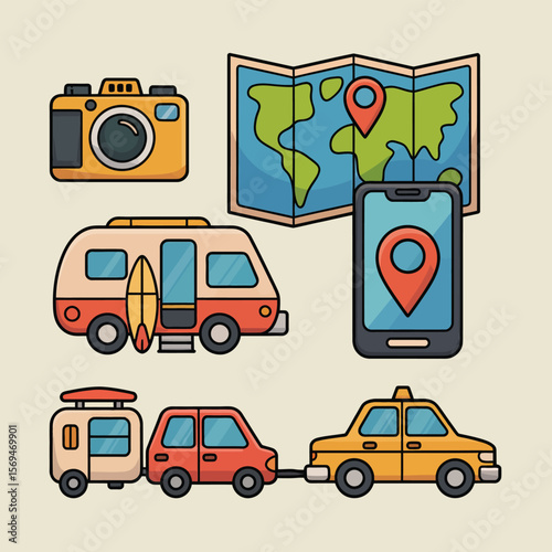 Travel Icons Set with Camera Map and Transportation