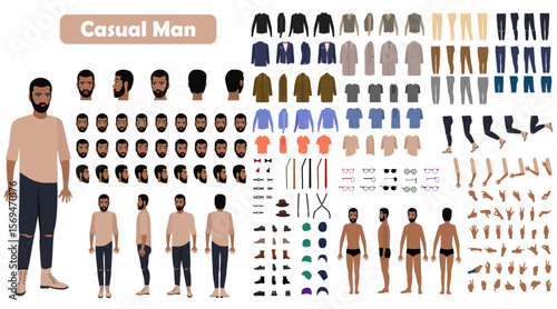 causal man Cartoon 2d man character constructor sets for full body and head rigging design vector	