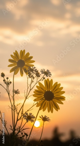 Silhouetted flowers and other plants against a sunset or sunrise sky. Summer evening nature scene with colorful clouds background for summer or spring banner or post.	
