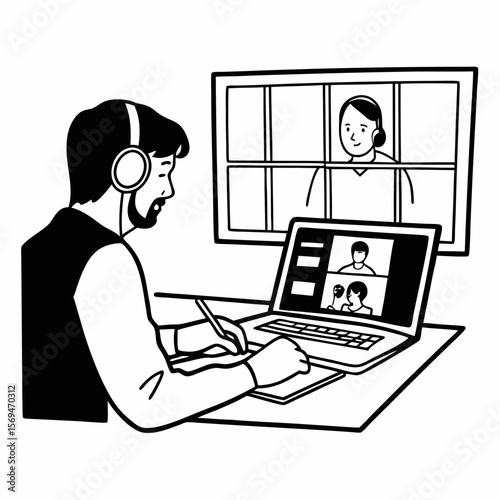Focused 35s man sit at desk wear headphones watch webinar use laptop gain new knowledge writing notes. Video conference communication, negotiation remotely, study online, e-learn, self-educate concept