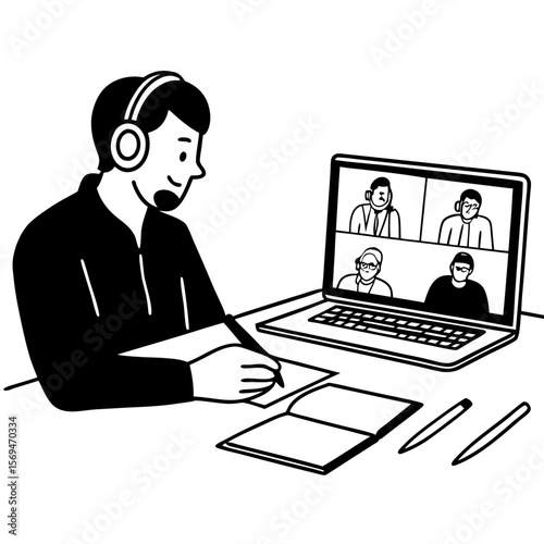 Focused 35s man sit at desk wear headphones watch webinar use laptop gain new knowledge writing notes. Video conference communication, negotiation remotely, study online, e-learn, self-educate concept